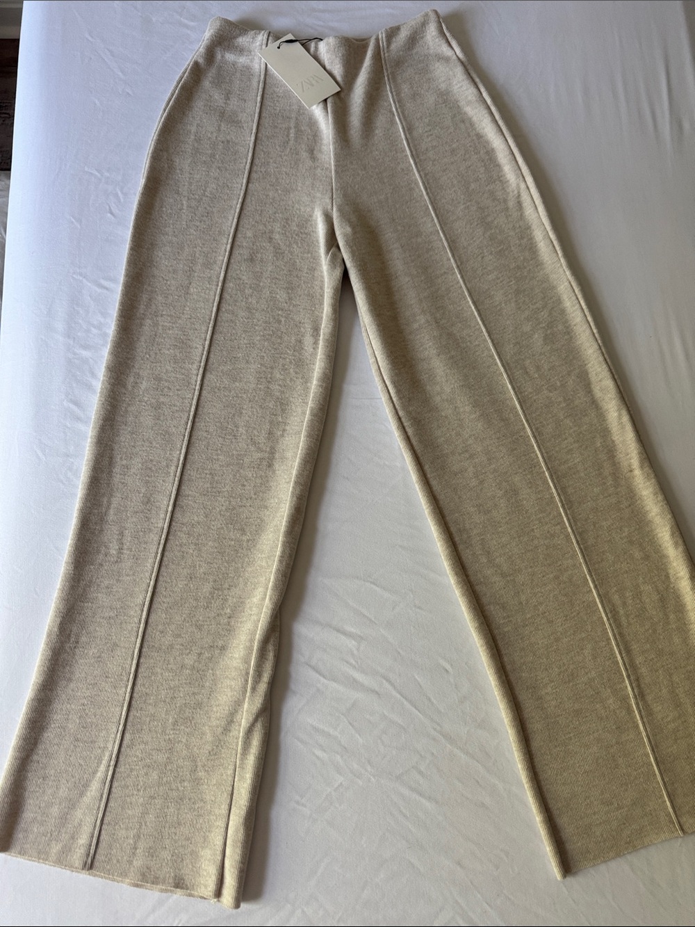 NWT Zara Neutral Wide-Leg Knit Pants in Light Taupe